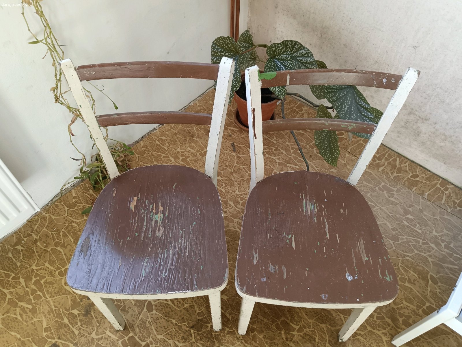 Daruji dětské židličky. Daruji za odvoz dřevěné dětské židličky. Vhodné k renovaci nebo jako retro dekorace. Celková výška 63 cm.