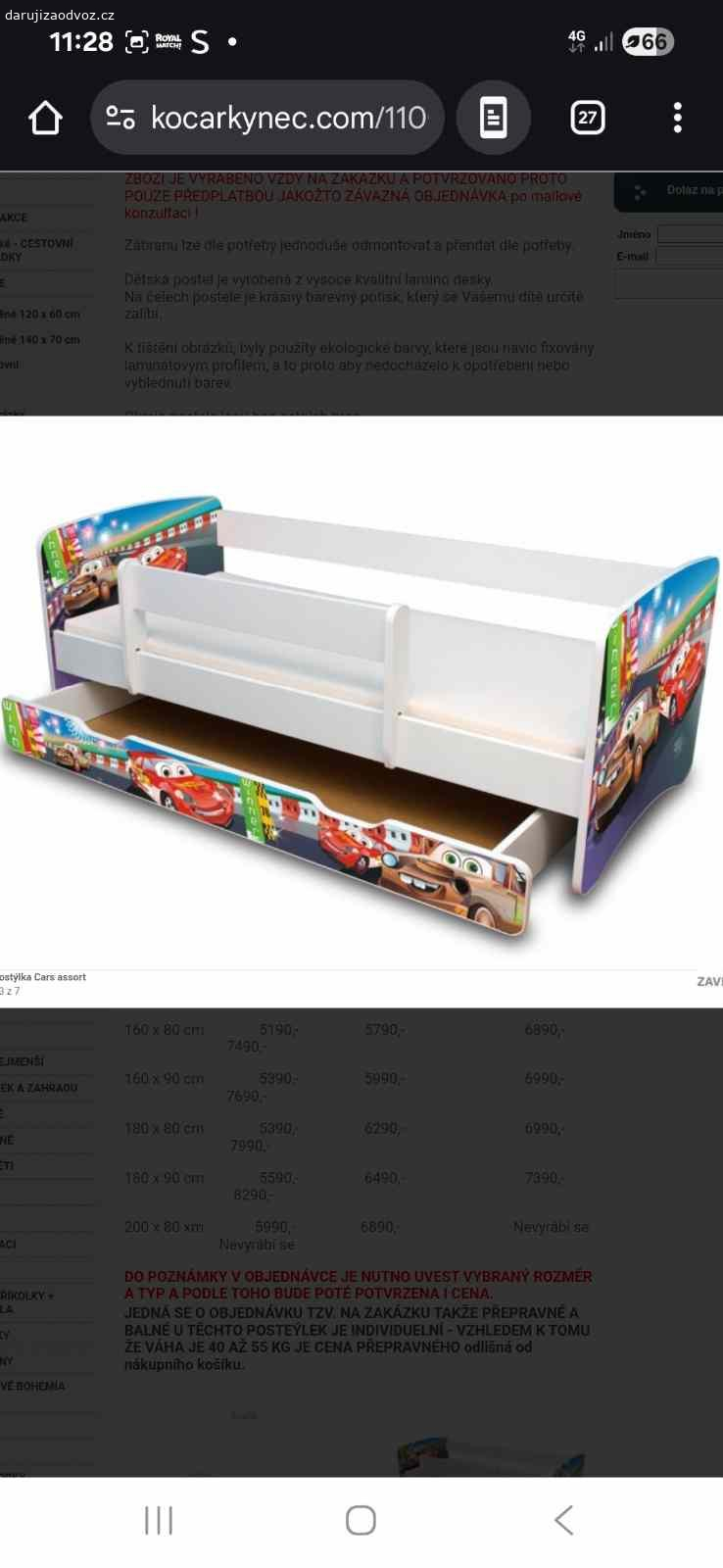 Daruji dvě dětské postele. Daruji dvě dětské postýlky. Daruji je včetně roštu bez matrací. Hnědá postel je ve velmi dobrém stavu (po jednom diteti).
Druhá postel - the cars je po 2 dětech, rost je opravovany (šikovný muz určitě rost opravi lépe než ja) a bočnice je bohužel již poskozena. Jinak je v dobrém stavu. Postýlka včetně šuplíku. Foto je bohužel z internetu, nestihla jsem ji vyfotit než ji manzel rozložil.  
Postýlky určitě ještě poslouží treba na chalupu.....
Specha