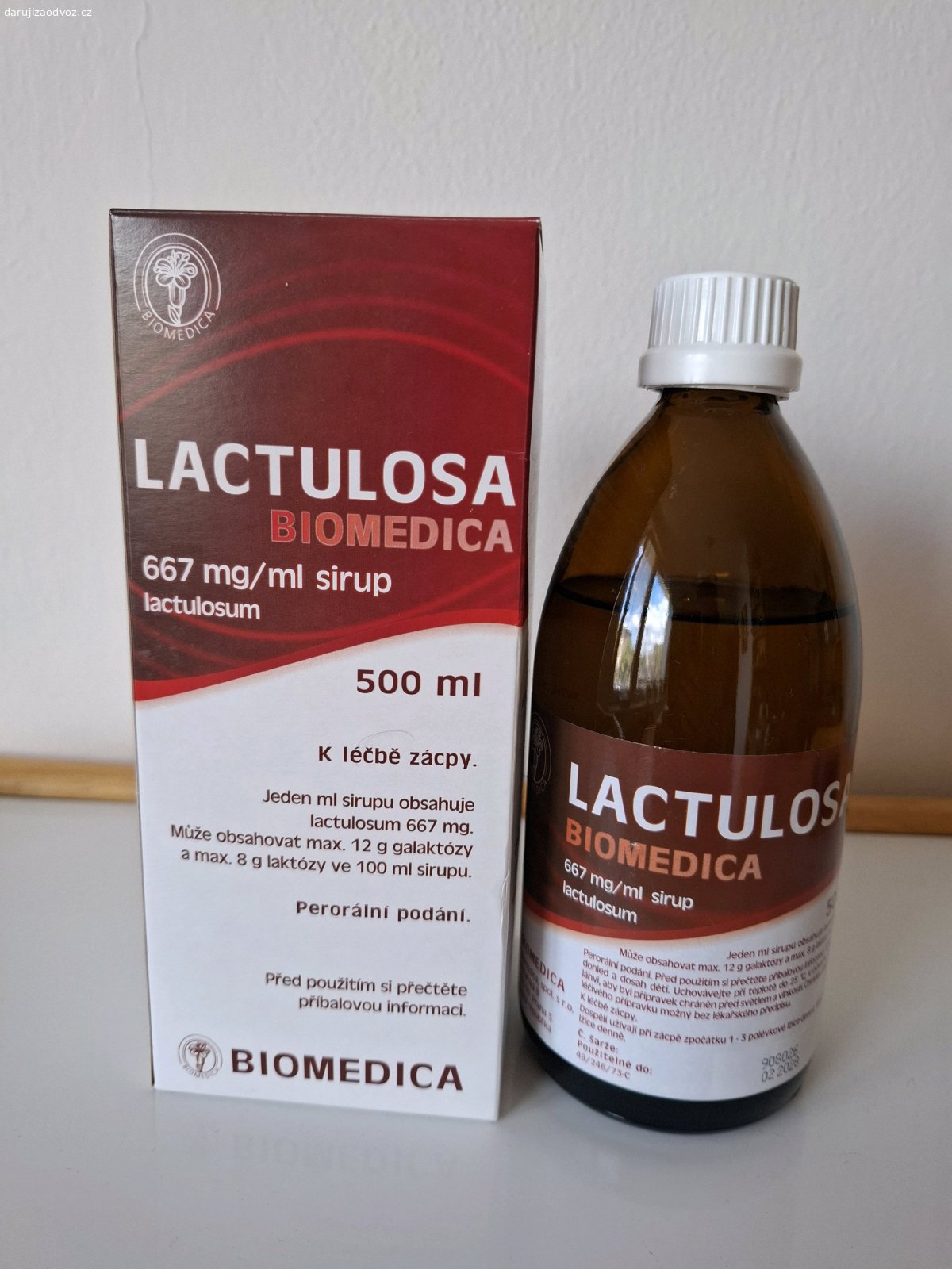 Lactulosa. Lactulosa 500 ml, Biomedica, 667 mg/ml sirup, otevřená 24.8.2026, téměř plná, použitelnost do 2/2028.