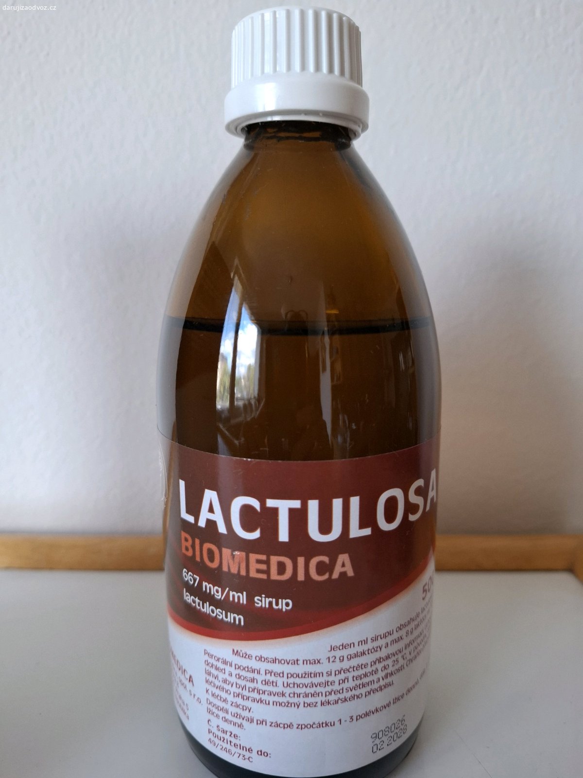 Lactulosa. Lactulosa 500 ml, Biomedica, 667 mg/ml sirup, otevřená 24.8.2026, téměř plná, použitelnost do 2/2028.
