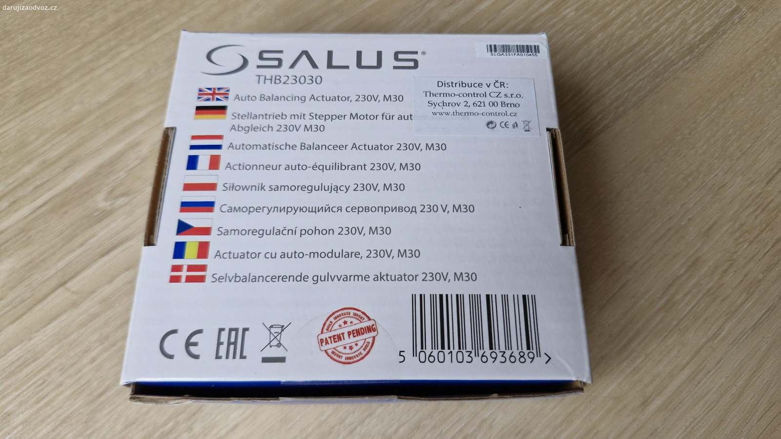 Samoregulační pohon Salus THB230. Nabízím samoregulační pohon (ventil) pro regulaci podlahového vytápění Salus THB230-30.

Koupil jsem na otestování, ale nakonec jsem s ohledem na cenu zvolil jiné řešení.

Ventil byl tedy krátce v provozu.

Parametry:

Stránky výrobce: https://saluscontrols.com/ie/product/thb23030-auto-balancing-actuator/

bez proudu zavřen
regulace otevření ventilů pro udržení optimální ΔT:
krátká doba odezvy - 30 sekund
nízká spotřeba energie - méně jak 0.5 W
vysoká přesnost
2 čidla na potrubí - měření teploty na přívodu a vracečce